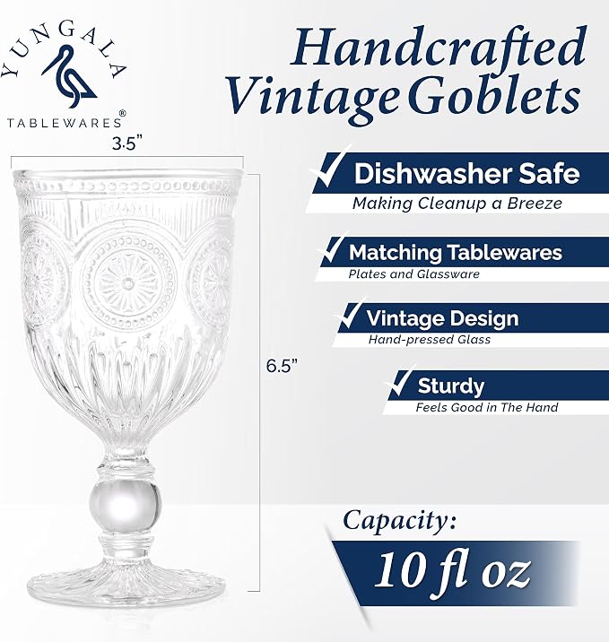 Vintage Wine Glasses,Set of 6 Glass Goblets for Water, Wine or Cocktails - Fancy Wine Glasses with a retro vibe. Sunflower Embossed Design on sturdy dishwasher-safe glasses.