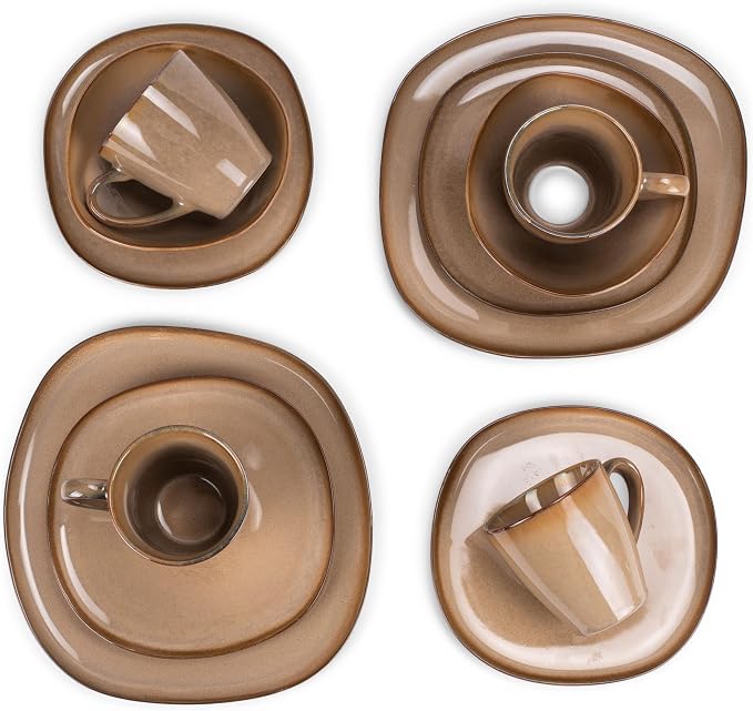 Elanze Designs 16-Piece Modern Luxury Chic Smooth Vintage Handmade Shape High Gloss Ceramic Stoneware Square Plate Mug & Bowl Kitchen Dinnerware 16 Piece Set - Service for 4, Brown