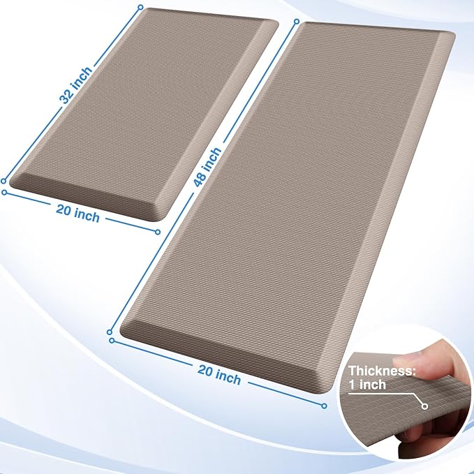 StepRite Kitchen Mats, 2PCS Kitchen Rugs, Cushioned Anti Fatigue Kitchen Mats for Floor, Non-Slip Standing Desk Mat, Waterproof Kitchen Rug Set for Kitchen, 20" x 32"+20" x 48"-Full 1 inch Thick,Khaki
