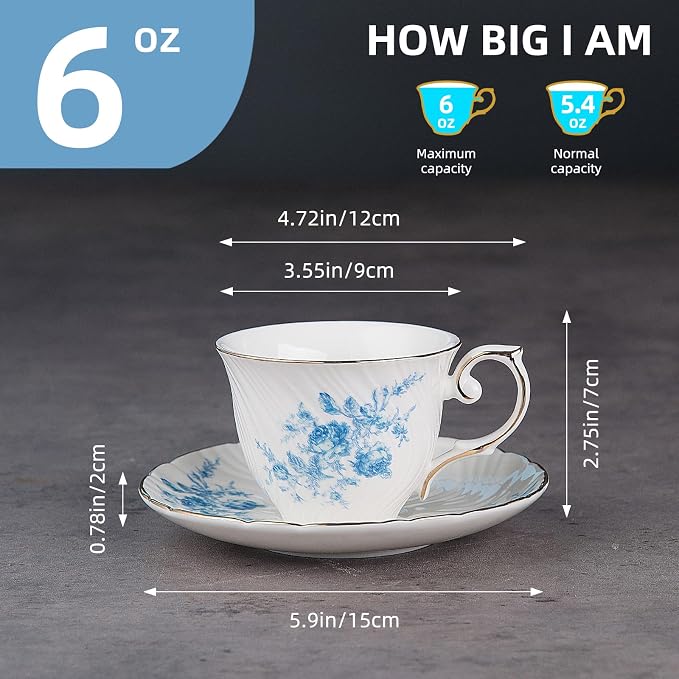 Agyiuns tea cups and saucers ceramic coffee mug 6oz for Coffee, Latte, Cafe Mocha and Tea-Set of 4,Blue
