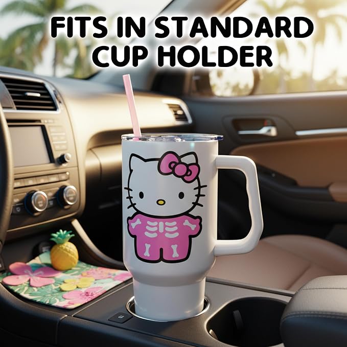 Silver Buffalo Sanrio Hello Kitty Halloween Spooky Skeleton Costume Double Walled Stainless Steel Tumbler with Handle and Straw, Fits in Standard Cup Holder, 40 Ounces