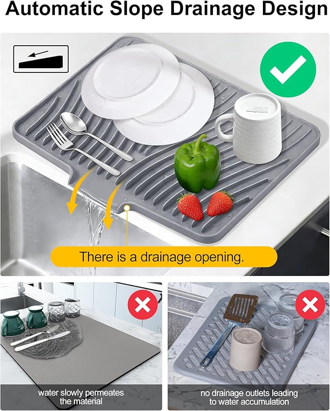 Silicone Dish Drying Mat for Kitchen Counter, Non-Slip Drain Pad with Built-in Drain, Heat Resistant Dish Drying Pad, Multi-Use Drying Mat, Dishwasher Safe & Hangable, Grey, 19.7" x 15"