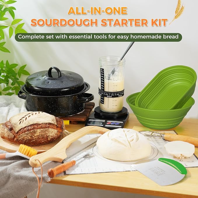 Sourdough Starter Kit for Beginners, 34 oz Starter Jar with Scale Marking, 2 Silicone Proofing Baskets, Complete Bread Baking Kit with Guide & Recipes, Easy to Use & Clean - Green