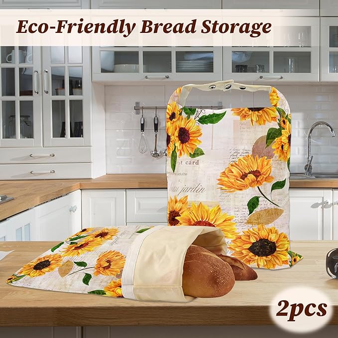 Bread Bags for Homemade Bread, Vintage Sunflower Yellow Flower 2 Pack Linen and Beeswax Sourdough Storage Bags, Reusable Keeper, Keeps Breads Fresh Longer, Gifts for Bakers