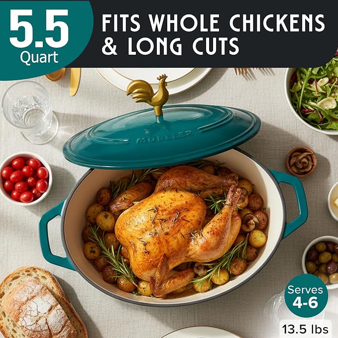 MUELLER HOME 5.5 Quart Enameled Cast Iron Oval Dutch Oven with Rooster Knob and Cotton Potholders, Heavy-Duty Cookware, Oven-Safe up to 500° F & Across All Cooktops, Thanksgiving Essentials, Emerald