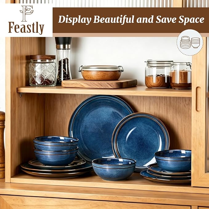 Plates and Bowls Sets 12 Pieces, Blue Reactive Glaze Dinnerware Set | Ceylon Blue Reactive Glaze Stoneware Dishes Service for 4, Handmade Dinnerware Scratch Resistant, Dishwasher Microwave Safe