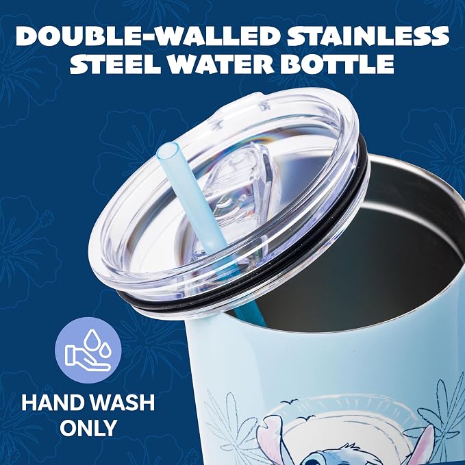 Silver Buffalo Disney Lilo and Stitch Minimalistic Design Ocean and Tropical Double Walled Stainless Steel Tumbler with Handle and Straw, Fits in Standard Cup Holder, 40 Ounces