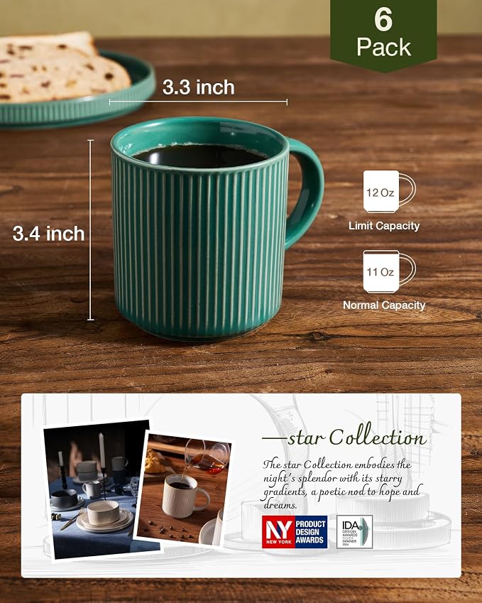 famiware Coffee Mug Set for 6, Star 12 oz Catering Mugs Cup Set with Handle for Coffee, Tea, Cocoa, Milk- Ceramic Stoneware Drinkware Set, Sage Green