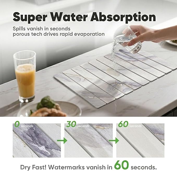 Stone Drying Mat for Kitchen Counter, Quick Diatomaceous Earth Mats for Dishes, 23.6"L x 15.7" W Super Absorbent Fast-Drying Collapsible Countertop Stone Mat (Marble White-04, 24" x 16")