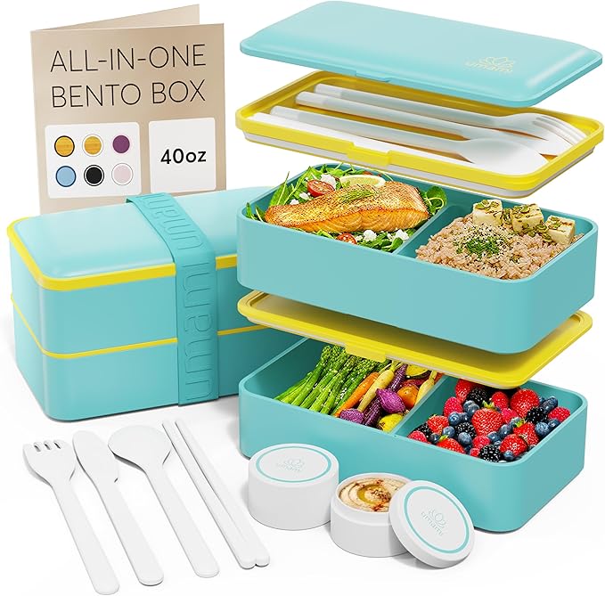 Umami Bento Box Adult All-in-1 w/ 4 Utensils, 100% Leakproof, Dishwasher & Microwave Safe Lunch Containers for Adults w/ 4 Compartments, Fresh Turquoise, 40 oz