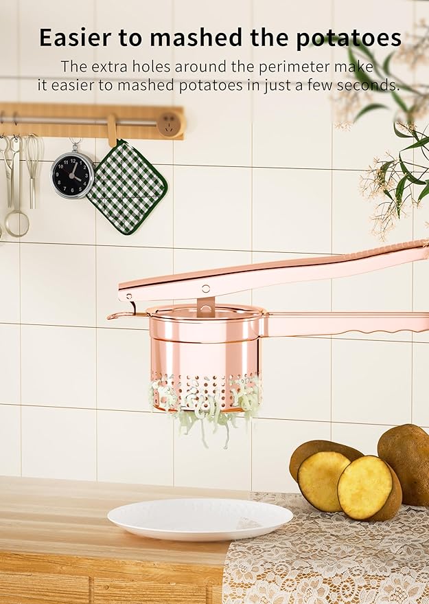 GloTika Large 15oz Potato Ricer Masher, Heavy Duty Stainless Steel Potato Masher with Ergonomic Handle, Masher and Ricer Kitchen Tool for Mashed Potatoes, Noodle Maker, Rose Gold