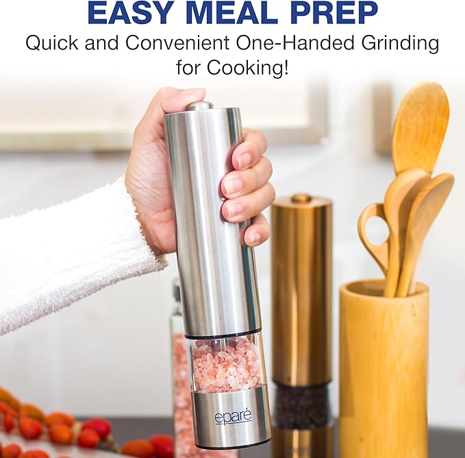 Eparé Bundle: Salt or Pepper Grinder & 2 in 1 Salt & Pepper Grinder - Battery Operated Ceramic Burr Peppermill & Space Saver Dual Mill Grinders