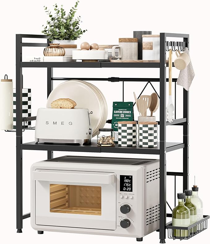 NETEL Expandable Microwave Stand,3 Tier Metal Kitchen Countertop Organizer Shelves with Paper Towel Holder and Baskets,Bakers Rack,Microwave Shelf,Microwave Oven Rack,110lbs Weight Capacity