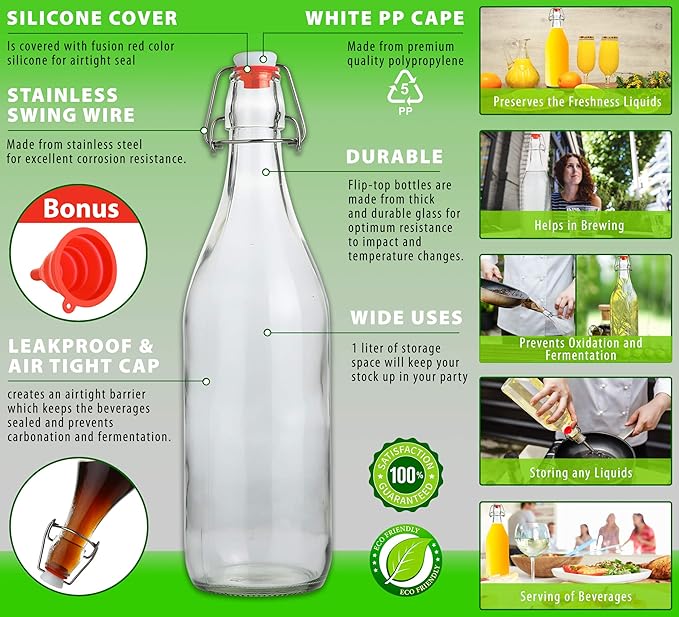 AYL Flip Top Glass Bottle [1 Liter / 33 fl. oz.] [Pack of 4] – Swing Brewing Bottle with Stopper for Beverages, Oil, Vinegar, Kombucha, Water, Soda, Kefir – Airtight Lid & Leak Proof Cap – Clear