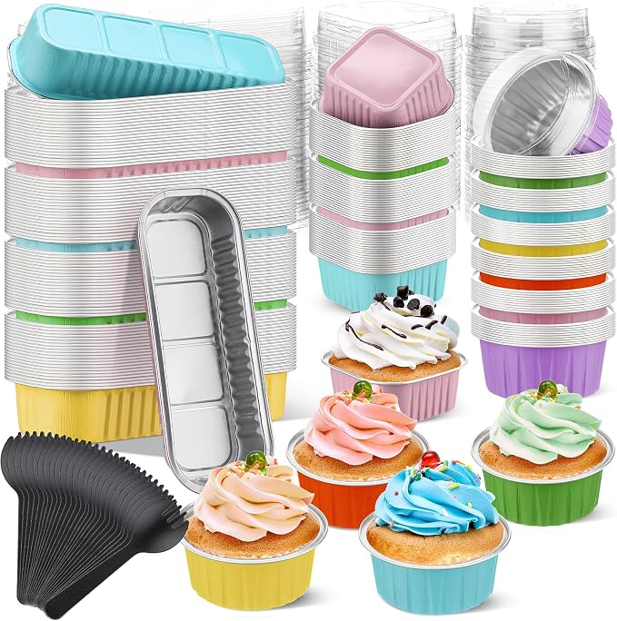 Blushtier 120 Set/240 Pcs Mini Loaf Pans with Lids and Spoons Disposable Mini Cake Pans, 6.8, 5, 4.2 oz Square Rectangle Round Aluminum Foil Cupcake Baking Cups Dessert Liners Tins for Desserts