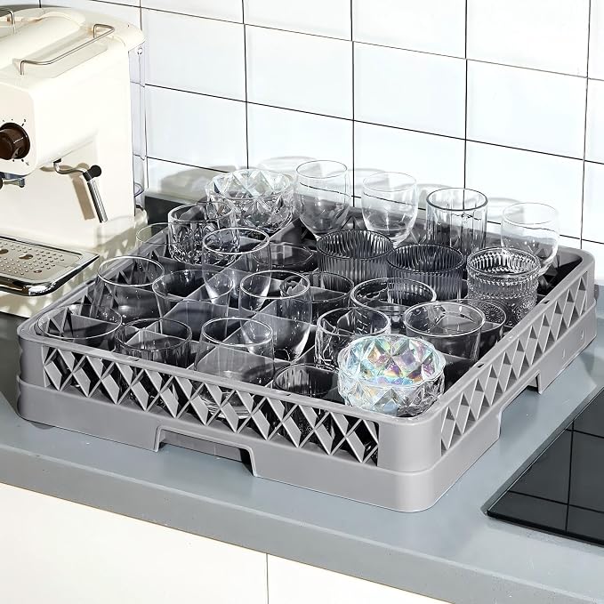 Aurelema Commercial Dishwasher Tray Rack, Commercial Dish Drying Rack, Polypropylene Full Size Flatware Tray for Hotel Canteen Kitchen Restaurant Tableware Plate and Bowl(25 Grid,Gray,1 Pack)