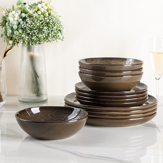 AmorArc Ceramic Dinnerware Sets,Handmade Reactive Glaze Stoneware Plates and Bowls Sets,Highly Scratch Resistant | Dishwasher & Microwave Safe Dishes Set,Service for 4 (12pc)