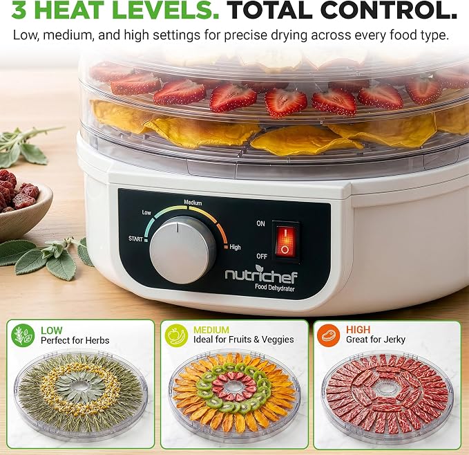 NutriChef Food Dehydrator Machine | Dehydrate Beef Jerky, Meats, Mushrooms, Fruits & Vegetables | Great For At Home Use | Uses High-Heat Circulation for Even Dehydration | 5 Easy to Clean Trays.