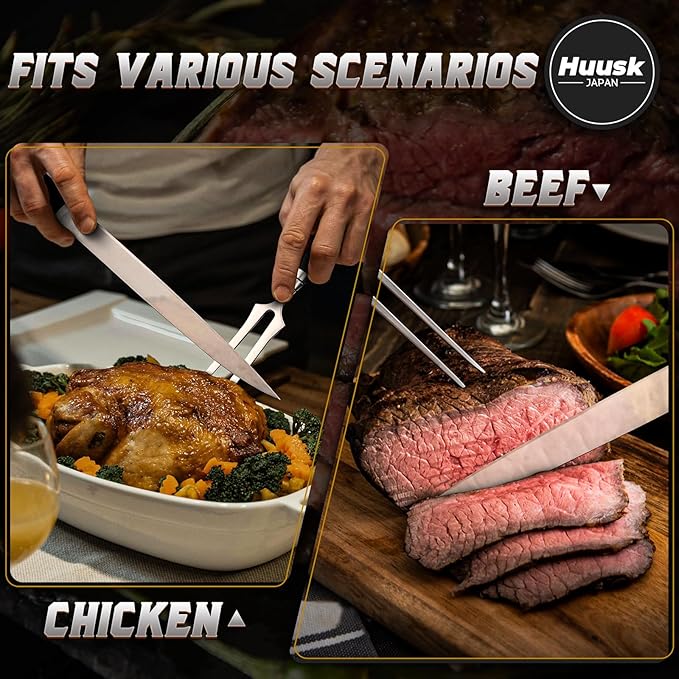 Huusk Turkey Carving Knife Set - Sharp Carving Fork & Knife for Meat, BBQ, Brisket - Japanese Slicing Knife with Elegant Box, Christmas Gifts for Men Women