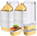 Vesici 100 Sets Mini Loaf Pans with Lids, 5.7 oz Disposable Aluminum Foil Baking Cups, Rectangle Cake Pans for Baking Storage Birthday Party(Gold)