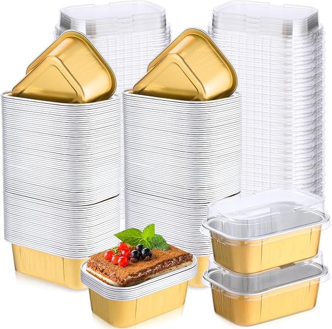 Vesici 100 Sets Mini Loaf Pans with Lids, 5.7 oz Disposable Aluminum Foil Baking Cups, Rectangle Cake Pans for Baking Storage Birthday Party(Gold)