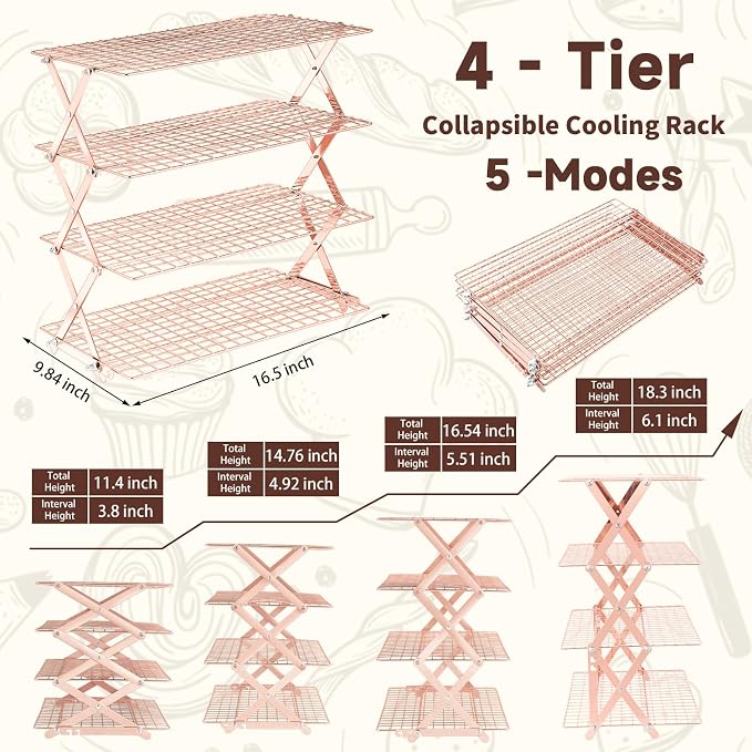Pleafind 4 Tier Rose Gold Collapsible Cooling Rack - 3 Setting Design, Adjustable ＆ Stackable Baking Rack, 5 Modes Cooling Racks for Cooking and Baking, Roasting ＆ Grilling Gifts for Picnic Party