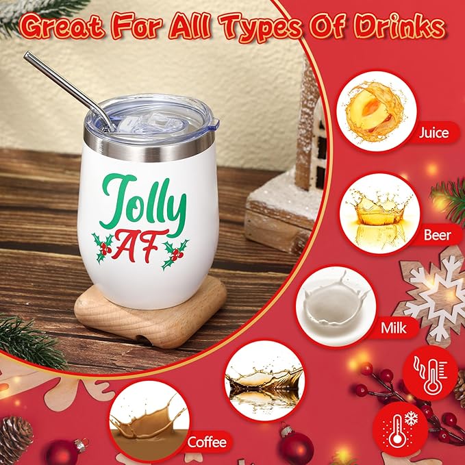 Ziliny 6 Pieces Christmas Wine Tumbler 12 oz Xmas Insulated Stainless Steel Wine Cups with Lid and Straw Funny Coffee Mugs with Brush for Holiday Wedding Party Gifts(Classic Style)