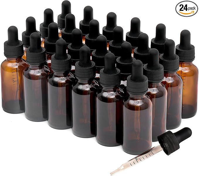 NOOEEISS 24 Pack,1oz Glass Dropper Bottle, Amber Tincture Bottles with Dropper,Pretty Finish for All Kinds of Liquids,Oil Bottles for Hair- Stronger Suction ideal for Leakproof Travel