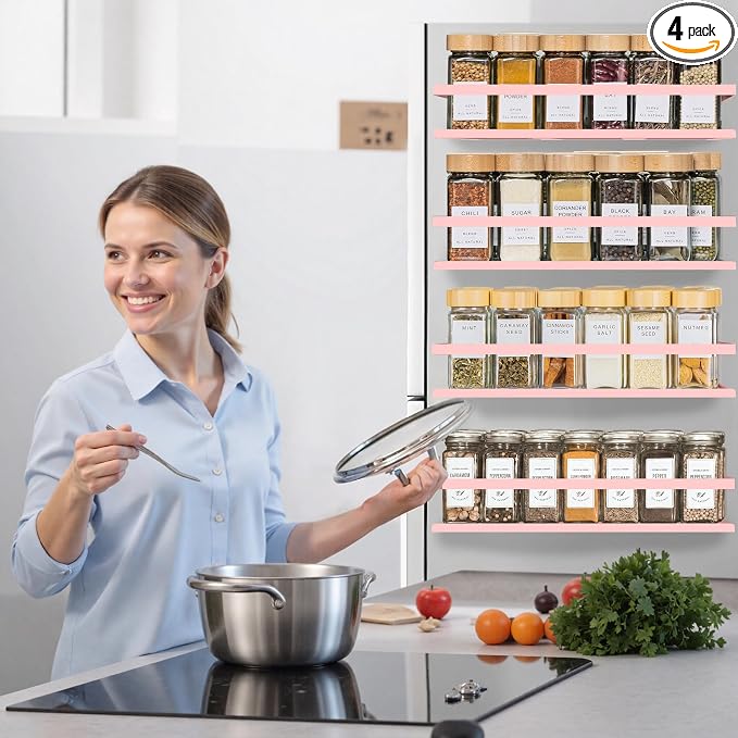 SMRCAD Magnetic Spice Rack for Refrigerator, 4pack Magnetic Shelf for Fridge Space Saving Seasoning Organizer for Any Metal Surface No Drilling Needed (PINK, 4pack)