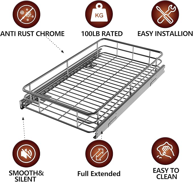 JOWBOOW Pull Out Cabinet Organizer 17" W x 21" D, Put Out Shelves for Kitchen Cabinets, Roll Out Drawers Heavy-Duty Metal Sliding Shelf, Bottom Mount