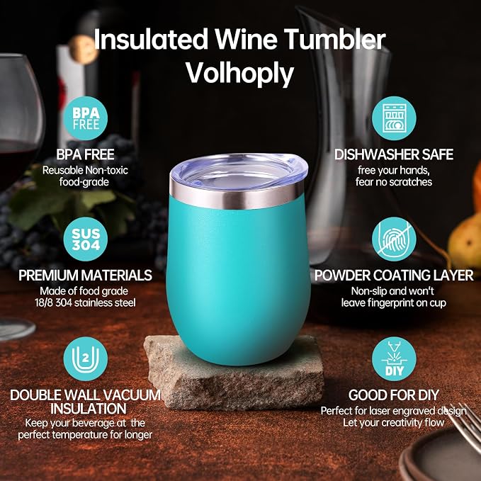 Volhoply 12oz Stainless Steel Wine Tumbler with Lid Bulk 12 Pack,Double Wall Vacuum Stemless Wine Glasses,Reusable Metal Travel Coffe Mug with Straw,Insulated Cups Gifts for Christmas（Green,12 Set）