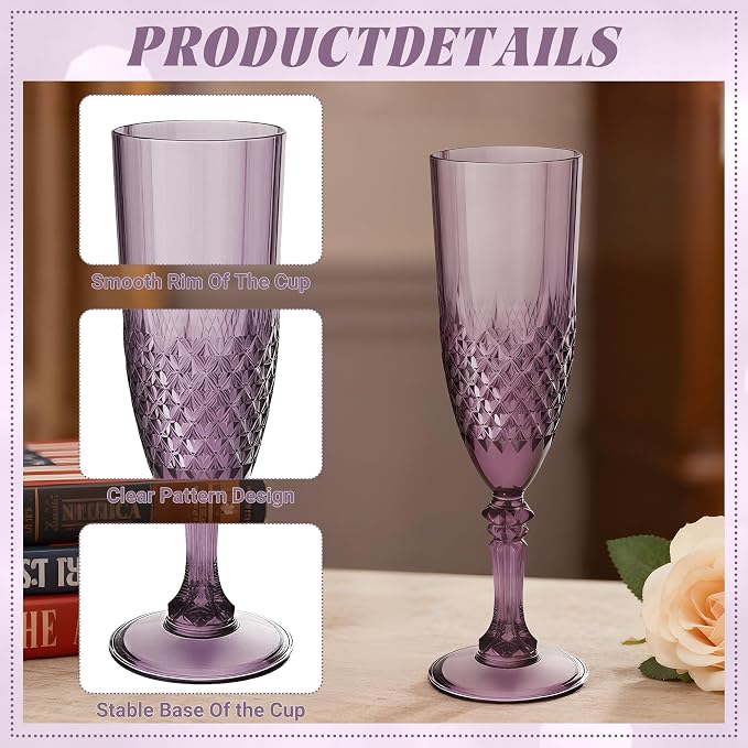 Plastic Champagne Flutes, Champagne Glasses Bulk, Reusable Unbreakable Acrylic Wine Glasses Goblets for Weddings Bachelor Parties Toasting Bridal Shower (48, Dark Purple)