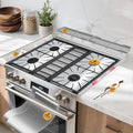 Stove Gap Covers Stainless Steel 2PC(0.08"–0.7"W,13.8"–27.5"L)+4PC Gas Burner Covers+2PC Oven Liners+30"(2x15") Silicone Magnetic Stove Shelf|Universal Gas Stove Accessory Bundle Bonus 3 Brushes