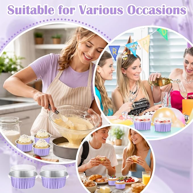 Gejoy 400 Pcs Aluminum Foil Baking Cups with Lids 5 oz Disposable Ramekins Mini Cake Pans Creme Brulee Cupcake Liners Muffin Dessert Container for Wedding Birthday Party (Classic,Light Purple)