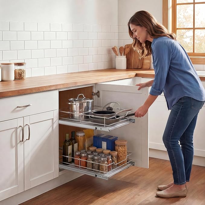 Garvee 2-Tier Pull Out Cabinet Organizer, Pullout Shelf and Drawer Organizer with Heavy-Duty Steel Frame, Slide Out Storage Basket for Kitchen, Pantry & Under Sink, 14" W x 21”D x 15" H