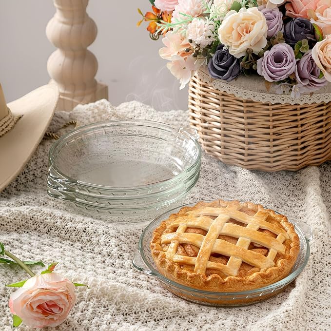 Uiifan 4 Pack 7.5 Inches Mini Glass Pie Pan for Baking Clear Pie Plate with Handles Round Glass Dish for Baking and Serving, Snacks, Salads, Desserts