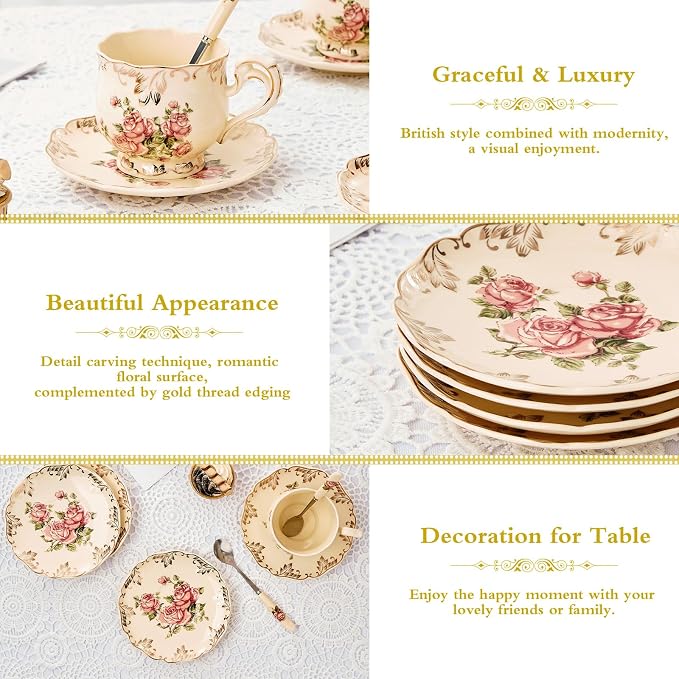 YOLIFE Ivory Vintage Floral Tea Saucers Set of 4, 5.8 inch with Gold Leaves Trim – Beautiful Porcelain Tea Plates for Cups, Ideal for Tea Parties