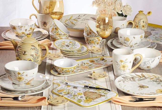 Certified International Bee Sweet 12-Piece Melamine Dinnerware Set, Service for 4, Bee & Floral Plates and Bowls, Durable Shatterproof Outdoor Tableware for Spring & Summer Entertaining