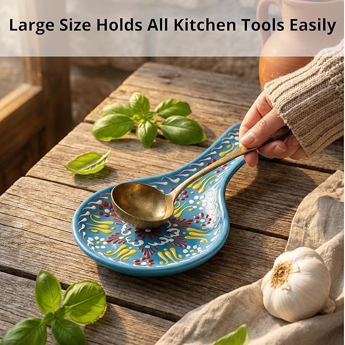BCS Ceramic Spoon Rest, Large 9” Hand Painted Spoon Holder for Stove Top & Kitchen Counter, Dishwasher Safe & Heat Resistant Utensil Holder, Floral Kitchen Decor, Handmade Pottery