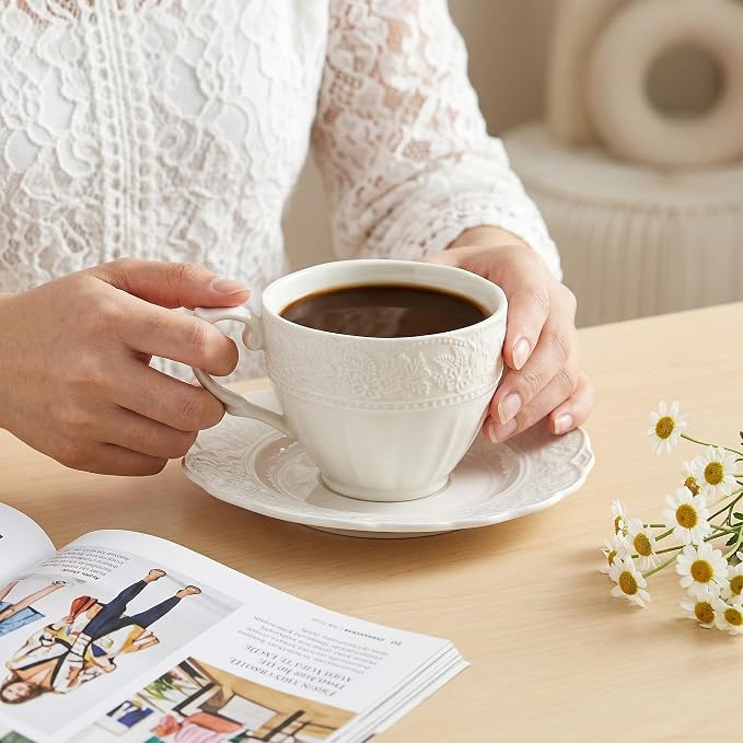 6 oz White Cappuccino Mug - Bone China Floral Ceramic Coffee Cup with Saucer - Microwave and Dishwasher Safe, Perfect For Tea, Espresso, Latte - Elegant Set for Kitchen or Cafe, Baristas, Great Gift