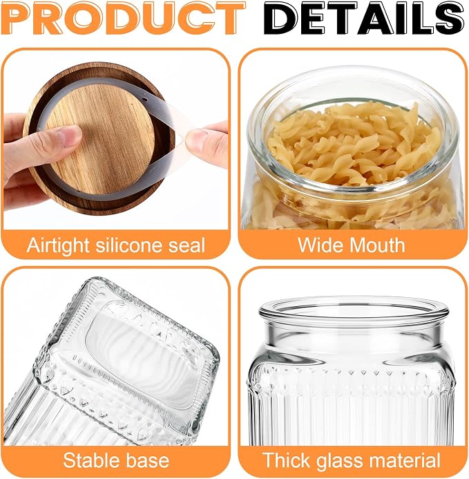 6 Pcs Vintage Glass Storage Jar with Lid 25.3 oz Glass Containers Stylish Ribbed Pattern Airtight Kitchen Jars Candy Jar for Food Cookies Candy Coffee Tea Beans Grains Storage