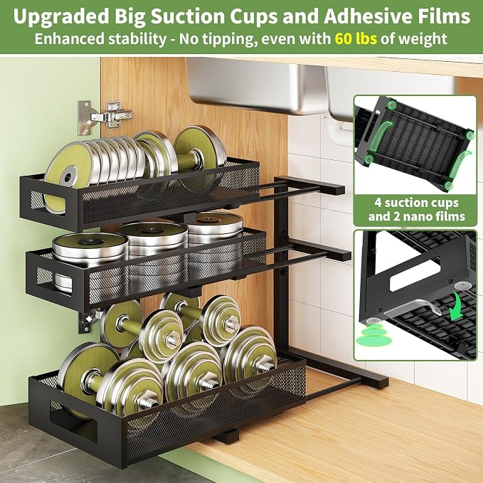 3-Tier Under Sink Organizer,2 Pack Height Adjustable Pull Out Cabinet Organizer Shelf, Thickened Metal Slide out Storage Drawer Rack for Bathroom Laundry Room Kitchen Pantry Organization (Black)