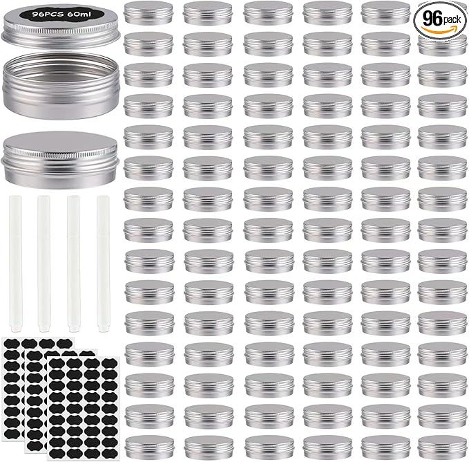 OBKJJ 96 Pack Round Cans with Screw Lid 2 Oz Aluminum Metal Tins DIY Food Candle Containers for Lotion Bars, Balms, Salve, Spices, Beard Balm, Crafts with 4 Markers 3 Sheets Label Stickers (Silver)
