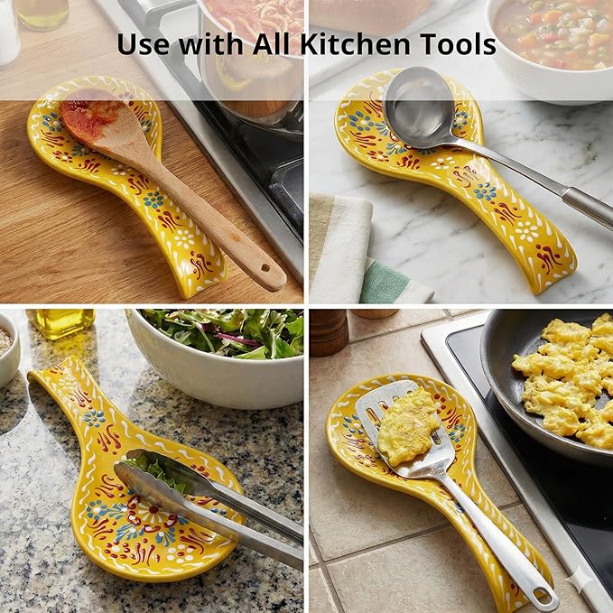 BCS Ceramic Spoon Rest, Large 9” Hand Painted Spoon Holder for Stove Top & Kitchen Counter, Dishwasher Safe & Heat Resistant Utensil Holder, Floral Kitchen Decor, Handmade Pottery