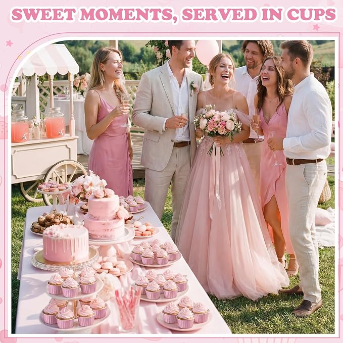 Gejoy 400 Pcs Aluminum Foil Baking Cups with Lids 5 oz Disposable Ramekins Mini Cake Pans Creme Brulee Cupcake Liners Muffin Dessert Container for Wedding Birthday Party (Elegant,Pink Color)