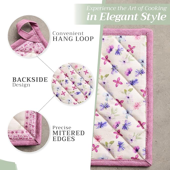 Maison d' Hermine 100% Cotton Oven Mitt & Pot Holder Set (7.5"x13" & 8"x8") Heat Resistant BBQ Cooking Gloves with Loop Baking Grilling Kitchen Gifts for Mothers Day Spring/Summer (Chardon)