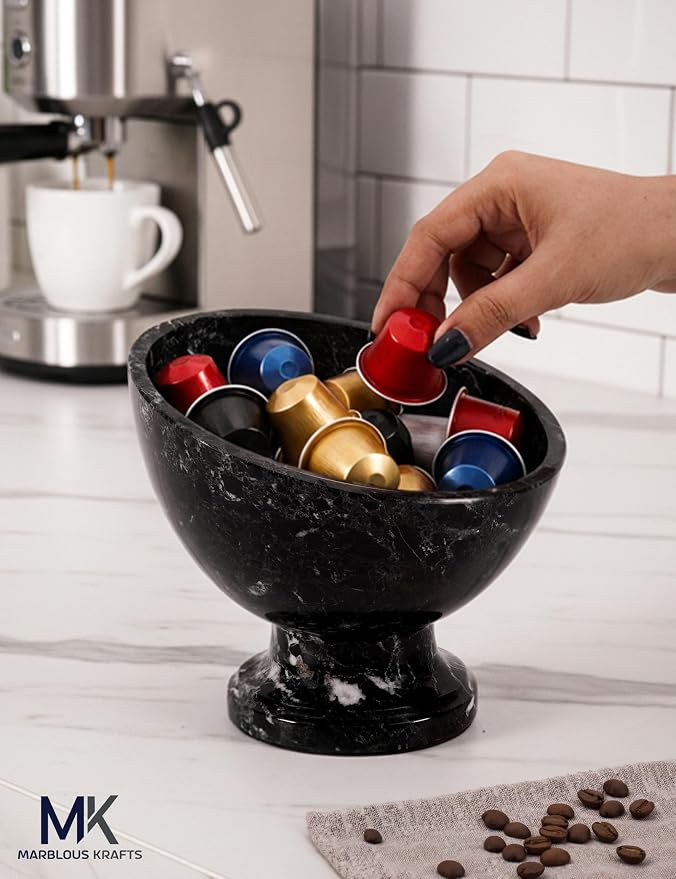 Marblous Krafts Marble Coffee Pod Holder Black Zebra 7 Inch Stone Bowl Coffee Bar Decor, Coffee Station Organizer for Countertop, Espresso Accessories Storage, K Cup & Pod Holder,