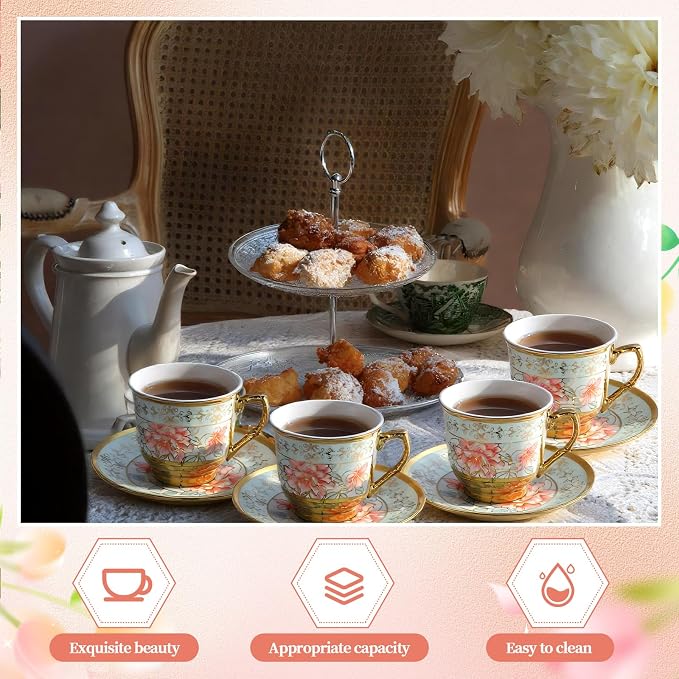 6 Pcs 3 oz Mini Vintage Floral Tea Cups and Saucers Set, Green Porcelain Tea Cup Sets Assorted Colors with Gift Box for Cappuccino, Macchiato, Birthday Party Supply