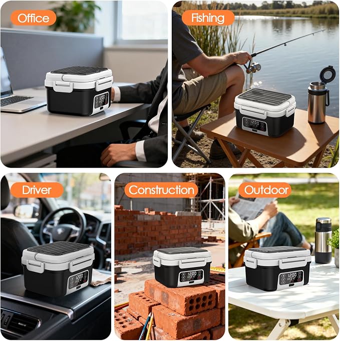 Cordless Electric Lunch Box, 6.3 Cup 100W Heated Lunch Box with 20000mAH Battery Powered for Self Heating, Including Fork Spoon and Insulated Bag for Men Women Adults, BPA Free(Black+White)