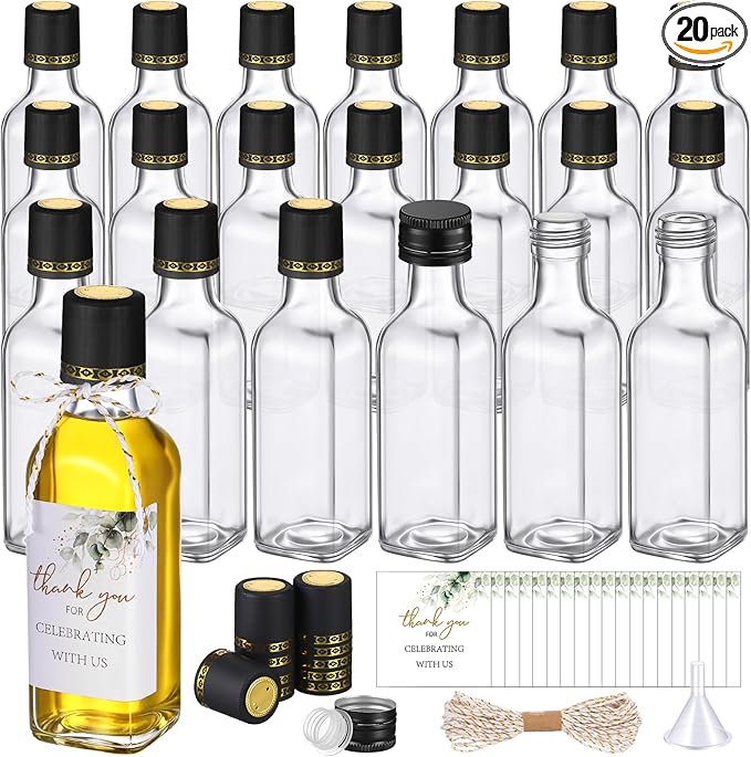 Reallnaive 20 Pack 3 oz Mini Glass Olive Oil Bottles Set, Homemade Wedding Sauce Gift Bottles Leakproof Screw Cap, Thank You Wedding Stickers for Storing Oil Honey Bridal Baby Shower Favors (Black)